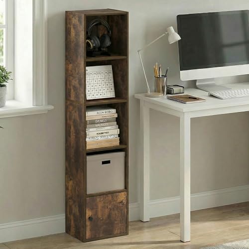 Furinno LUDER Book Shelf, 5-Tier Bookshelf with Open Shelf, Standing Bookcase with 1 Door Cabinet, 9.3 x 12 x 52, for Organization and Storage, for Living Room, Bedroom, Home Office, Amber Pine - color: Amber Pine, size: 5-Cube with Cabinet