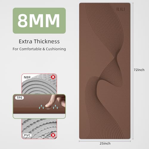 ILILI Exercise Mat 72''x25''×0.3''(8MM) | Compact Eco Friendly TPE Yoga Mat for Pilates & Fitness, Tear Resistant with Carry Strap for Home Gym Studio Stretching - color: brown