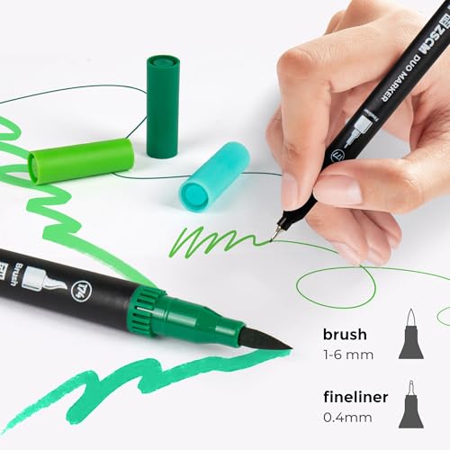 Green Duo Tip Marker Pens, 12 Fine & Brush Tip Pen For Adult Coloring Books | No Bleeding Nature Green Markers, Drawing Pen for Foliage, Landscape Drawings, Botanical Illustrations and Eco Designs - color: 12 Green