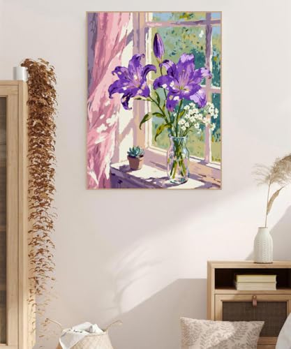 ZRIZQ Paint by Numbers Kit for Adults Beginner,Purple Flowers,16x20 | Full set with wooden brushes,rolled canvas,rich paints.Calming activity.Beginner friendly.Just open and paint. - color: 16"X20"Rolled Canvas-Purple Flowers