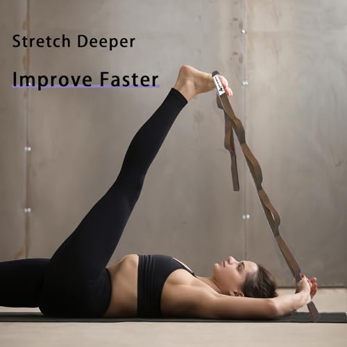 Stretching Strap Yoga Strap with Loops for Physical Therapy, Non-Elastic | 10 Loops, 75 inches length, Multi-Color Selection for Yoga Strap for Stretching, Pilates, Dance and Gymnastics - color: Brown