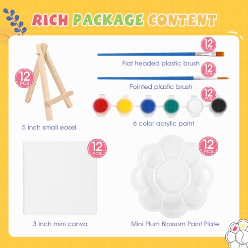 ESRICH 12 Set Mini Acrylic Paint Kit, Mini Stretched Canvas with Easel | Acrylic Paint Strips, Paint Palettes, Painting Brushes, Mini Canvas and Easel Set for Kids Artists Beginner, Gift