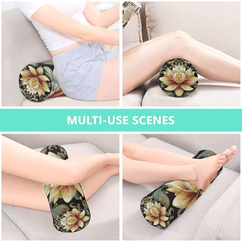 Boho Water Lily Flower Black Neck Roll Pillow Bolster Round Health Memory Foam Long Cervical Cylinder Pillows with Removable Washable Cover for Body Bed Legs Back Yoga - color: Boho Water Lily Flower Black