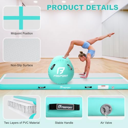 FBSPORT Inflatable Air Gymnastics Mat 4 inches Thickness and Air Roller 40x23.6 inches with Electric Air Pump 10ft/13ft Training Mats for Home Use Cheerleading Outdoor Training Park Yoga Beach - color: Green, size: Mat: 10ft x 3.3ft x 4in | Roller: 39.37i