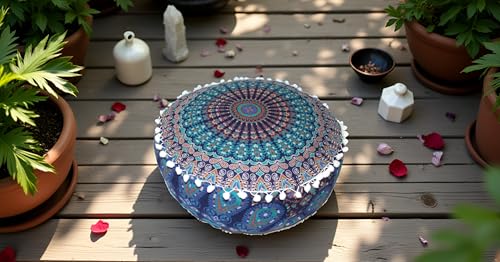 INDIAN CRAFT CASTLE ICC Blue Peacock Mandala Barmeri Large Floor Pillow Cover Cushion Meditation Seating Ottoman Throw Cover Hippie Decorative Zipped Bohemian Pouf Ottoman Cases 16" Round - color: Dark Blue, size: 16"D x 16"W x 5"H