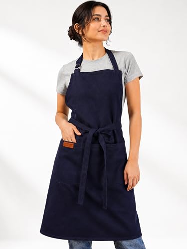 100% Cotton Kitchen Apron with 2 Pockets – Adjustable Chef Apron for Cooking Baking BBQ – Unisex Apron - color: Navy