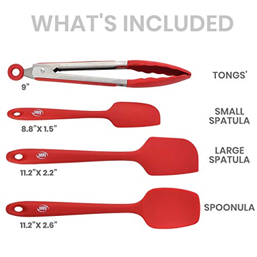 Kaluns Silicone Spatula Set 4 Pcs Rubber Spatulas Silicone Heat Resistant 600°F, Spatulas for Nonstick Cookware, Seamless Design with Stainless Steel Core, Dishwasher Safe, Bonus Tongs Included - color: 3 Pcs + Tongs Red