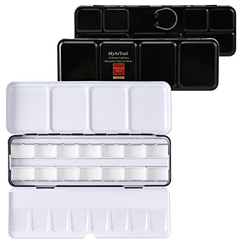 MYARTOOL Empty Watercolor Palette, Metal Empty Watercolor Tin Palette Paint Case with 12 PCS Empty Full Pans for DIY Travel Watercolor Palette, Acrylic and Oil Painting - color: Black, size: 12 PCS Empty Full Pans