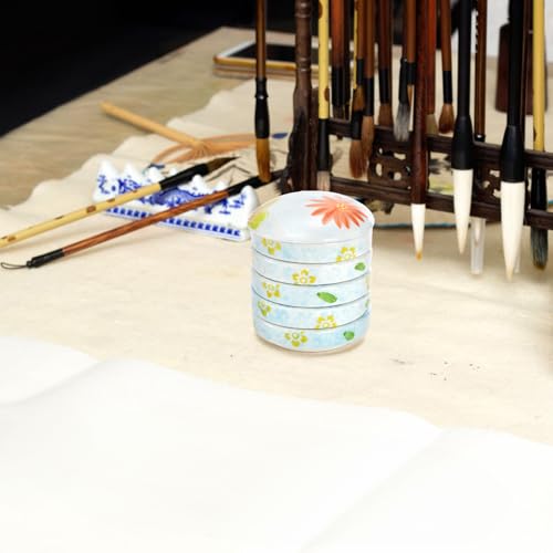 Yesland Ceramic Paint Palette, 5 Layers Stackable Mixing Trays Set, Round Porcelain Watercolor Palettes Sauce Dishes with Lid for Artist Gouache Pigment Chinese Watercolor Ink Mixing, Flower Pattern