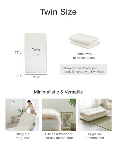 FULI Japanese Futon, Twin Size, White - Foldable Shikibuton Floor Bed | Medium Firm Quilted Cotton Sleeping Pad, Portable Roll-Up Japanese Floor Bed for Guests & Small Spaces, 100% cotton surface - size: Twin (75"L x 39"W), style: Standard