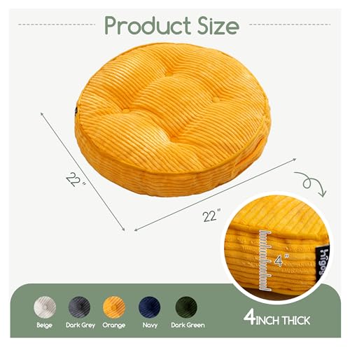 HIGOGOGO Floor Pillow Cushion for Adults, Meditation Cushion Pillow, Large Round Floor Sitting, Tufted Corduroy Cover, for Tatami Living Room or Yoga, 22x22 Inch, Orange - color: Round Orange, size: 4" Thick(Pack of 1)