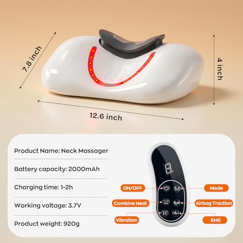 3-in-1 Shiatsu Neck & Back Massager with Heat, Vibration & Airbag Traction, Portable Cordless Electric Massage Pillow Ergonomic Design for Deep Tissue Pain Relief Muscle Relax