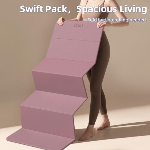 ILILI Foldable Yoga Mat 10mm, Extra Thick, Extra Long, 75x26x0.4 Inch, TPE | Non-Slip Grip, Easy Carry&Storage, Comfort Cushion, SGS Safe, Suitable for Yoga, Pilates, Home Exercise&Outdoor Travel - color: Dark Pink+Dark Grey