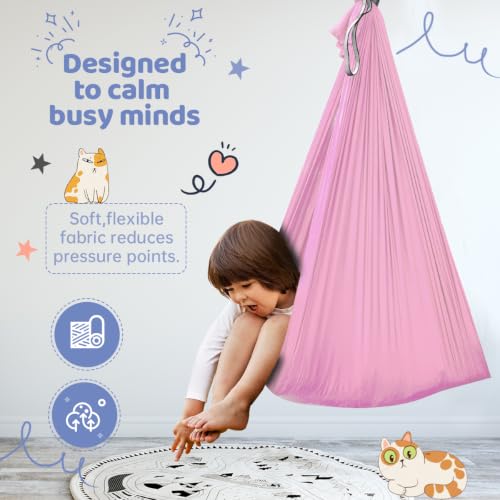 Aokitec Sensory Swing for Kids & Adult, Indoor Outdoor Cuddle Hammock Chair | Therapy swing for Special Needs, Autism, ADHD, Adjustable, Soft Nylon 59''x67'', 360 Swivel Hanger, All Hardware Included - color: Pink