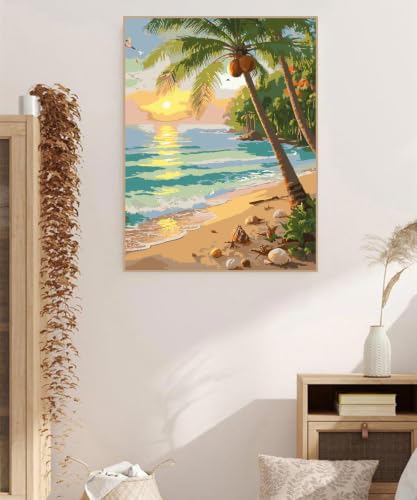 ZRIZQ Beach Paint by Numbers Kit for Adults Beginner,Landscape,16x20 | Full set with rich paints,wooden brushes,rolled canvas.Calming activity.Beginner friendly.Just open and paint. - color: 16"X20"Rolled Canvas-Beach 3