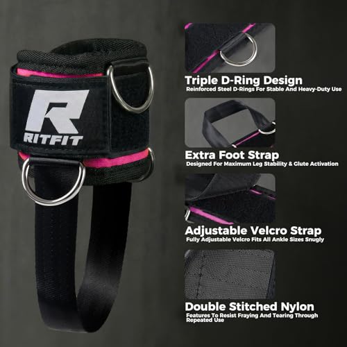 RitFit Kickback Ankle Straps Padded Ankle Strap for Cable Machine,Strong Hook and Loop,Reinforced 3 D-Ring, Adjustable Comfort fit Neoprene - Premium Ankle Cuffs to Enhance Abs, Glute & Leg Workouts | Padded Neoprene, Extra Under-Foot Strap, Hook & Loop,