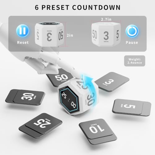 Visual Productivity Timer with Stopwatch, 5 & 25 Minute Presets | 6 Presets 3, 5, 10, 25, 30 & 50 Minutes with Silent, Vibration and Sound Alerts for ADHD, Study, Work and Classroom - color: White