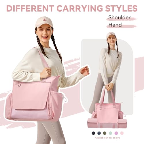 WLLWOO Thick Yoga Mat Bag Women Gym Tote Breathable Mesh Holder Wet Pocket | Carryall Lightweight Waterproof Shoulder for Pilates Travel Beach Workout Fitness Carrier - color: Pink