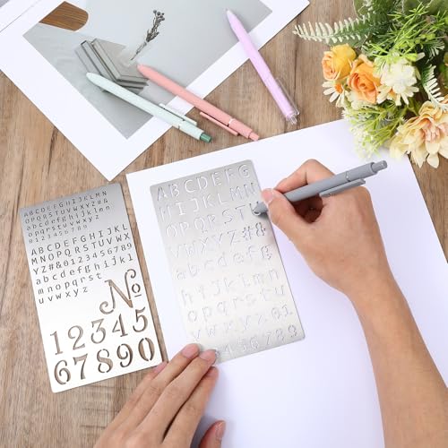 Metal Stencils for Wood Burning, 2 Pcs Stencils for Engraving Pen & Wood Burning, 4x7 Inch Reusable Alphabet Number Font Templates for Metal Leather Glass DIY Crafts