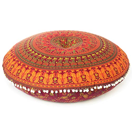 Mandala Floor Pillow Cover Meditation Cushion Seating Throw Hippie Round Colorful Decorative Bohemian Indian Pouf Ottoman Handmade Cover ONLY (P1 Burgundy, 32" x 32") - color: P1 Burgundy, size: 32" x 32" (Pack of 1)