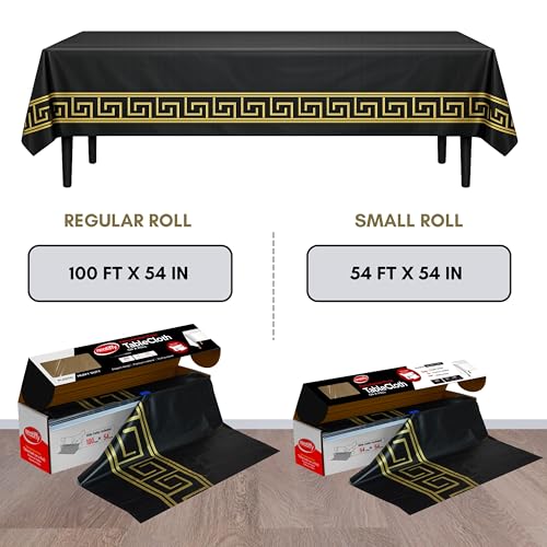 Neatiffy Disposable Plastic Table Cloth Roll with Slide Cutter | Waterproof Cover for Rectangle, Square, Oval Tables | Picnic, Party, Banquet, Weddings - Black with Gold Design - color: Black Golden Design, size: 54 inches X 100 feet