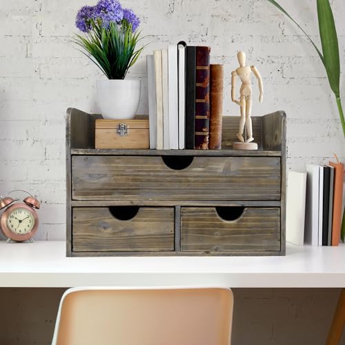 Besti Wooden Office Desk Organizer - Organizing Tool for Desktop, Cubicle, Bedroom, Kitchen - Vintage Style Organization Caddy with Top Tray Shelf & 3 Drawers - 13.6x9x7 Inches (Rustic) - color: Rustic