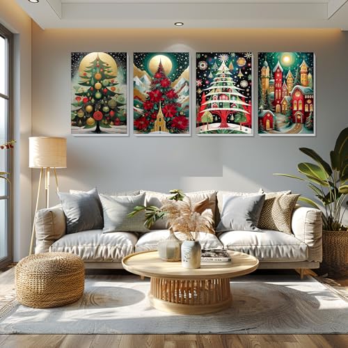 Bowetile 4 Pack Framed Paint by Numbers Christmas for Adults, Adults' Paint-by-Number Kits on Canvas, Acrylic Christmas Tree Number Painting Crafts Kits Christmas Gifts for Home Decor, 8x12in - color: Christmas Tree