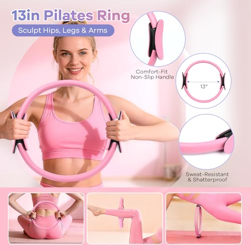 Pilates Kit for Women, 16PCS Workout Equipment for Beginners, Pilates Set for Home Workouts with Pilates Ring and Ball, Resistance Bands, Yoga Strap, Non-Slip Socks at Gym, Outdoor