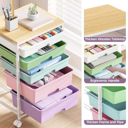 SYKIARIOL 5-Tier Rolling Cart with Drawers with Wooden Top, Ice Cream | Mobile Craft Storage Drawer Cart Trolley for Home Office, Classroom, Craft Room & Kid Room - color: Ice Cream