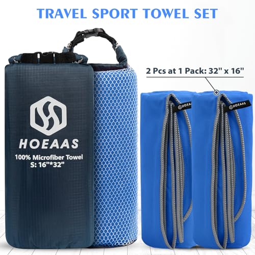 HOEAAS 2 Pack Microfiber Camping Towels, Quick Dry Towel, Super Absorbent Ultra Compact Travel Towel Soft Lightweight Sports Towel for Sweat Fast Drying Towels for Pool,Gym,Hiking,Backpacking,Fitness - color: Dark Blue, size: S: 32" x 16"+32" x 16"