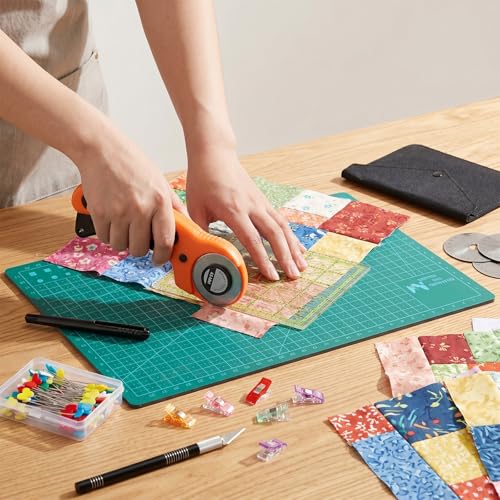 45mm Rotary Cutter Kit for Fabric, Complete Sewing & Quilting Kit with Self-Healing A4 Cutting Mat, Ruler, Blades & Accessories for Beginners DIY Crafts (95Pcs, 9" x 12" (A4)