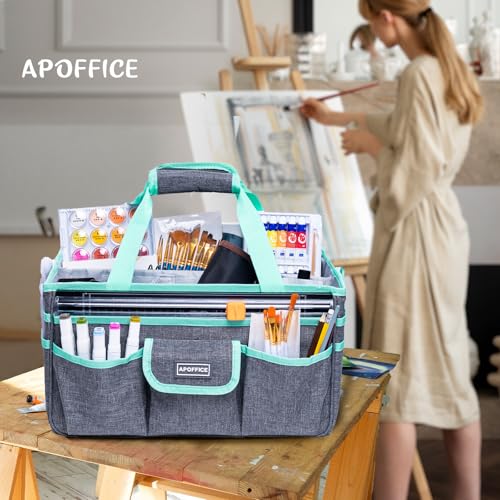 Art Supply Organizer Tote Bag – Craft Caddy with Handle, Utility Storage Tote with Multiple Pockets & Adjustable Divider for Stationary, Sewing, Scrapbooking, School, Office, Medical Supplies - color: Grey-Teal, size: Large-14.5"