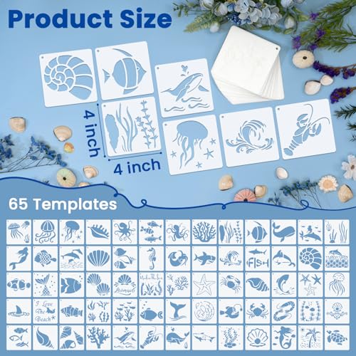 Amrules 65 Pcs Painting Stencils, Ocean Theme, 4 x 4 Inch | Plastic, Drawing Templates Set for Crafts, Reusable DIY Art Stencil, For Wood, Walls, Cards, Fabrics, Rocks, Home Decoration - style: Ocean