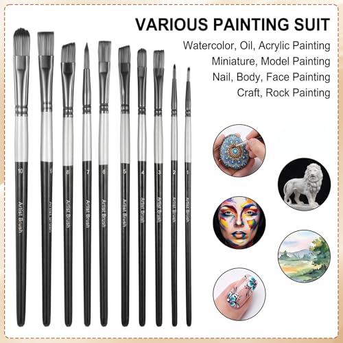 10 Pcs Flat Paint Brush Set, Synthetic Nylon Hair Art Brushes for Acrylic Watercolor Oil Gouache, Detail Face Body Craft Painting, Artist Kit with Wooden Handle for Beginners Adults
