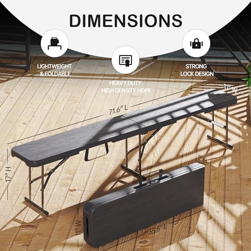 VSOAEIL 6 Foot Folding Bench, 6 FT Foldable Plastic Bench Indoor & Outdoor | 6 Feet Portable Bench Seating with Handle and HDPE Tabletop - Party, Dining, Picnic, Camping, Sports, Temporary Events, Black - color: Black, size: 1 Pack