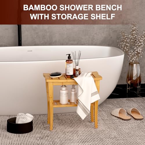 Bamboo Shower Bench Stool with Storage Shelf, Waterproof Shower Chair Spa Bath Seat, Shower Stool for Inside Shower, Bathroom Bench Seat for Adults Elderly Seniors for Indoor or Outdoor Use - color: Natural