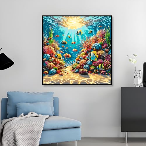OJTOYART Sea Coral Reef Landscape Paint by Numbers Kit for Adults, Fish Painting by Numbers for Adults Beginner, DIY Acrylic Simple Paints by Number Kits for Home Wall Decor 16 X 16 inch - color: MT6434