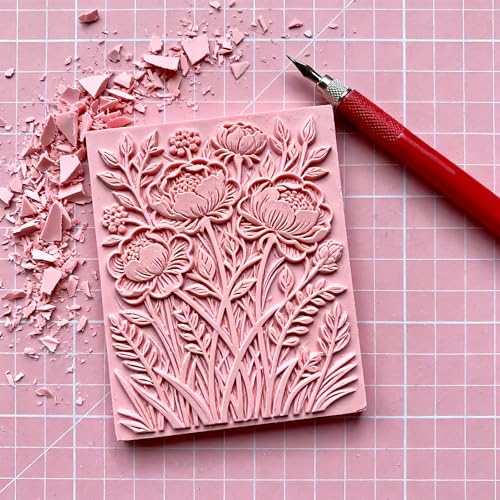 YUENPUN 6 PCS 8 x 12 Inch Rubber Carving Blocks Whit A3 Cutting Mat, Linoleum Blocks for Stamp Carving, DIY Printmaking (Pink)