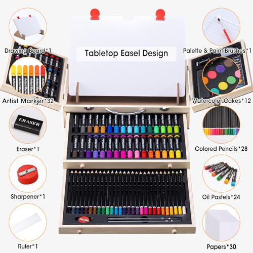VigorFun Art Supplies, Wooden Art Set Crafts Drawing Kit with Drawing Easel | Deluxe Kids Art Set, Oil Pastels, Colored Pencils, Watercolor Cakes, Creative Gift for Kids, Teens, Beginners Girls Boys