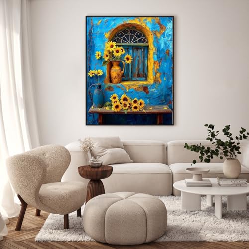 Paint by Numbers Kit for Adults, Window Sunflower Painting, 16 x 20 Inch | DIY Adult Paint by Number Kit on Canvas for Beginners, without Frame, Rustic Wall Decor, Stress Relief Craft Gift - color: TRTDNF1P408