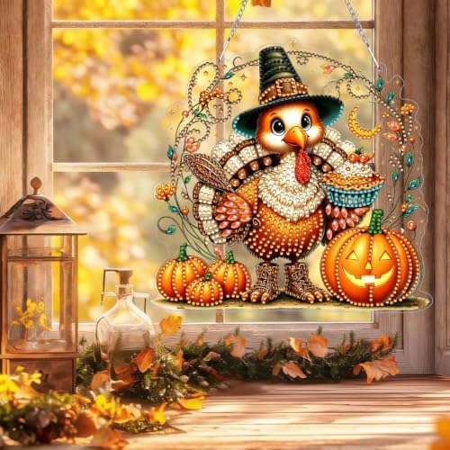 Thanksgiving Hanging Diamond Art Kits for Adult Diamond Painting Kit | Fall DIY Diamonds Painting Art Kit, Acrylic Diamonds Painting Suncatcher Board Kit, Special Crystal Diamond Hanging Ornament - color: DP04528
