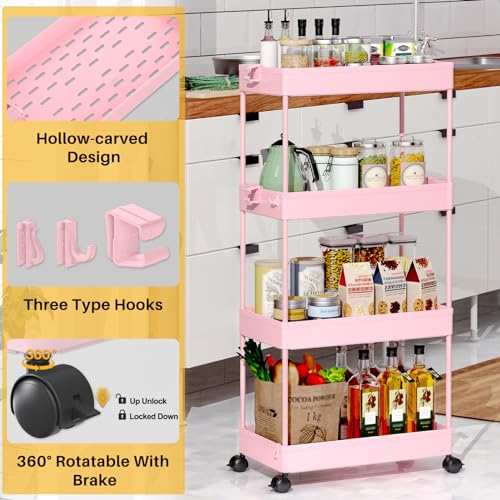 SPACEKEEPER 4 Tier Rolling Cart, Bathroom Cart Organizer with Wheels, Pink - color: Pink, size: 4 Tier