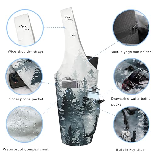 Yoga Mat Bag - Large Opening Long Tote Yoga Mat Carrier Holder Bag with Waterproof Wet Zipper Pocket and Drawstring Water Bottle Pocket - Yoga Bag Fit Most Size Mats - color: Cloud Forest