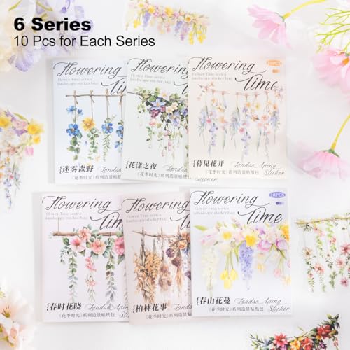 60 Pcs Hanging Floral Stickers for Scrapbooking and Journaling | PET material with hanging flowers and trailing vines for junk journals, collage, planners, card making and DIY crafts - color: Bloom Time