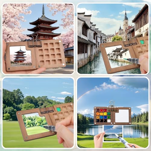 Mini Watercolor Travel Set, 24 Color Pocket Watercolor Set with Brush, Sketchbook and Towel for Artists, Beginners, Students and Urban Sketching (15 Grids)