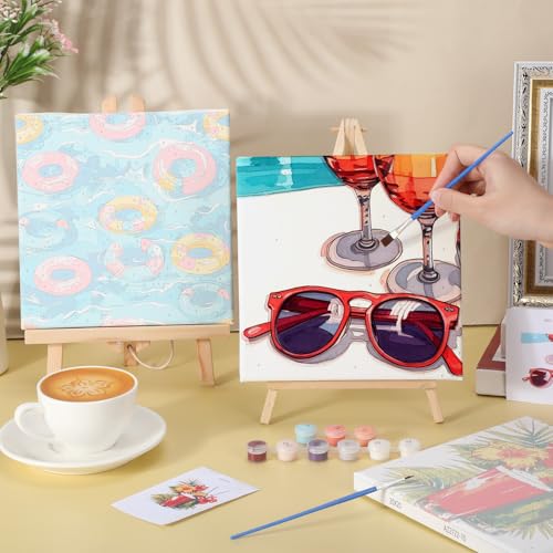 Nezyo 12 Sets Paint by Numbers with Frame for Adults, Acrylic 8x8 Inch | Numbered Canvases with Brushes, Beginner Kits, Birthday Gifts, Painting Party Supplies, Summer Themed Art Projects - style: Swimming Pool