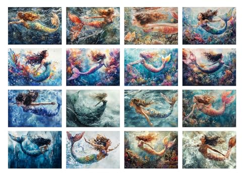 Decoupage Paper Pack (35 Sheets 6"x8") Mystic Ocean Mermaids ~ Dreamy Underwater Mermaid Illustrations in a Vibrant Fantasy Painting Style, with Flowing Hair, Colorful Tails and Coral Reef backdrops - color: One