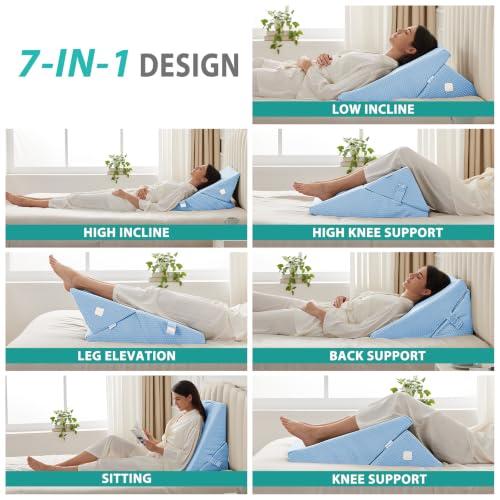 Bedluxe 수면용 웨지 베개, 조절 가능한 22.9cm(9&12인치) 접이식 침대 웨지 베개 세트, 정형외과적 메모리 폼 삼각형 베개 웨지, 다리 및 등 지지용 7-in-1 높은 베개, 라이트 블루 - color: 라이트 블루, size: Adjustable 9&12 Inch