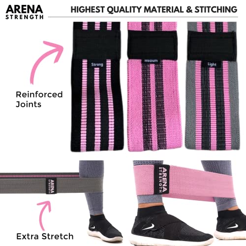 Arena Strength Fabric Booty Bands - Fabric Exercise Bands for Legs and Butt | Fabric Resistance Bands | Hip Resistance Bands with Workout Guide and Carry Case - color: Gray, Pink, Black
