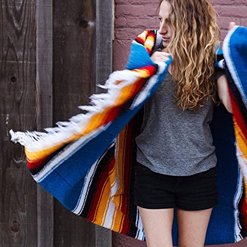 Open Road Goods Mexican Diamond Blanket - XL Heavyweight Yoga Blanket – Handmade in Mexico - Thick Boho Serape Saltillo Style Throw for Beach, Picnic, Home, Camping and More! (Sky Blue Sunset) - color: Sky Blue Sunset